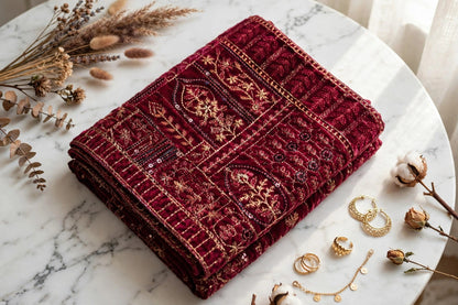Burgundy Velvet Pakistani Dress with Heavily Embroidered Shawl