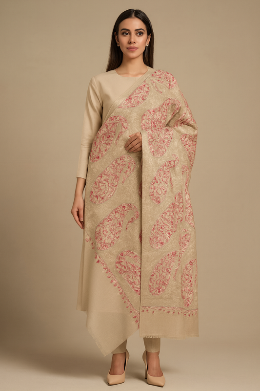 Luxury Pashmina Shawl – Beige with Pink Aari Embroidery