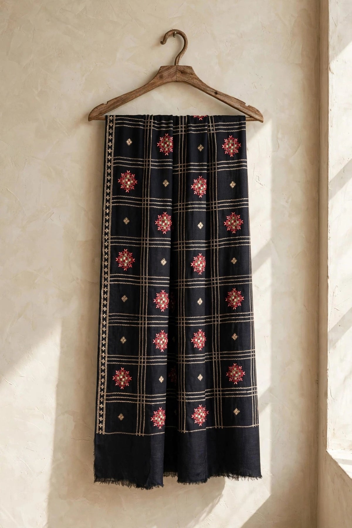Noir Heritage - Black Embroidered Check Shawl with Red Motif
