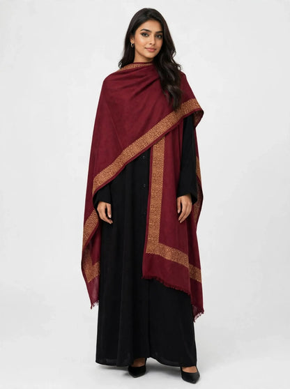Maroon Gold Embroidered Pashmina Shawl - Luxury Wool Wrap