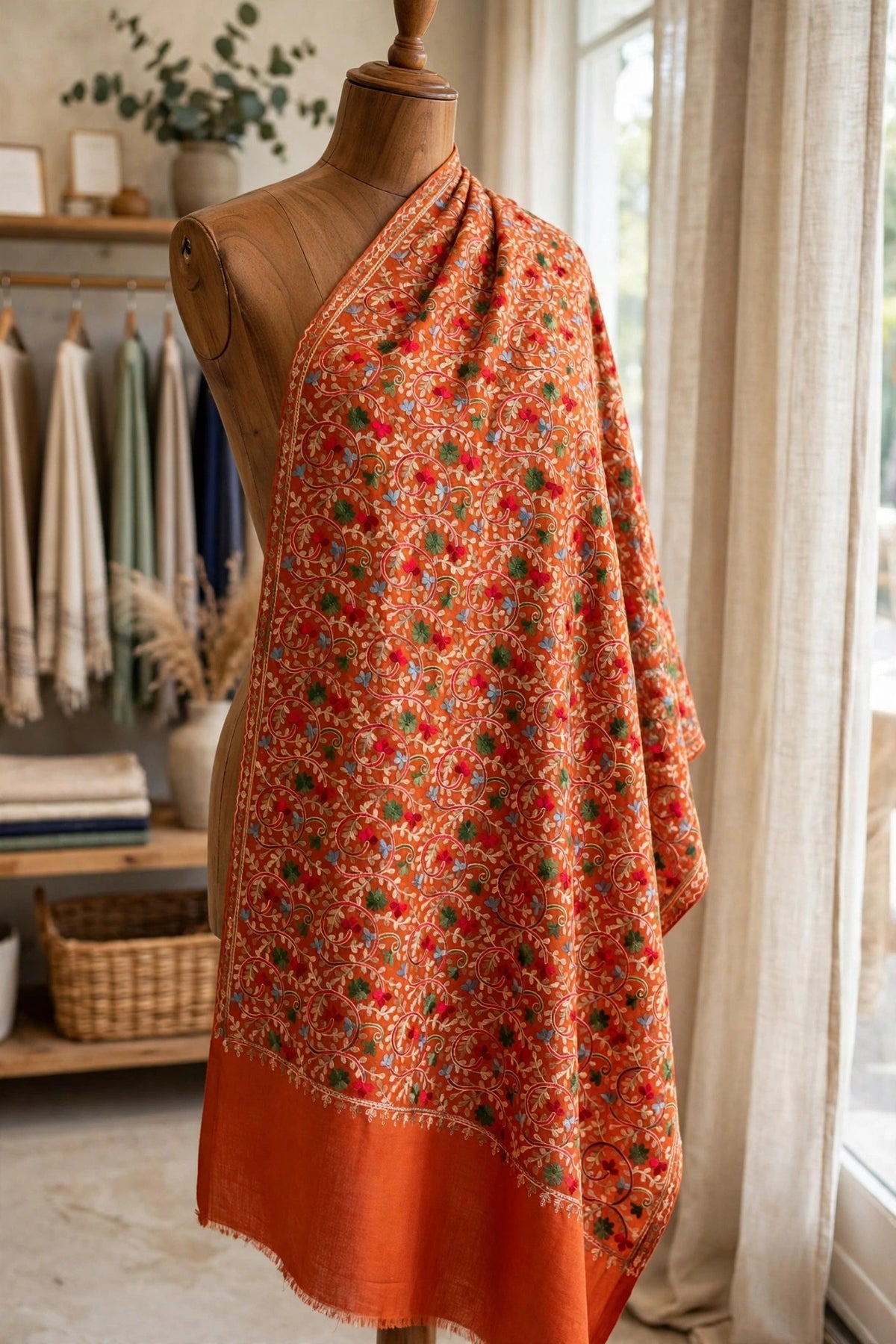 Rust Orange Pashmina Shawl with Aari Embroidery