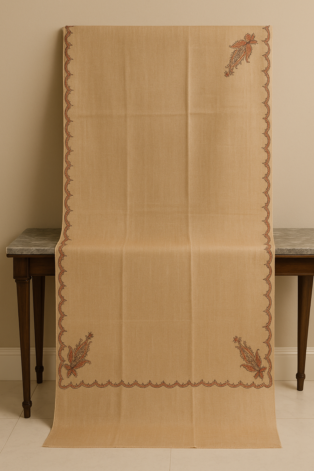 Elegant Beige Pashmina Shawl with Delicate Border Embroidery