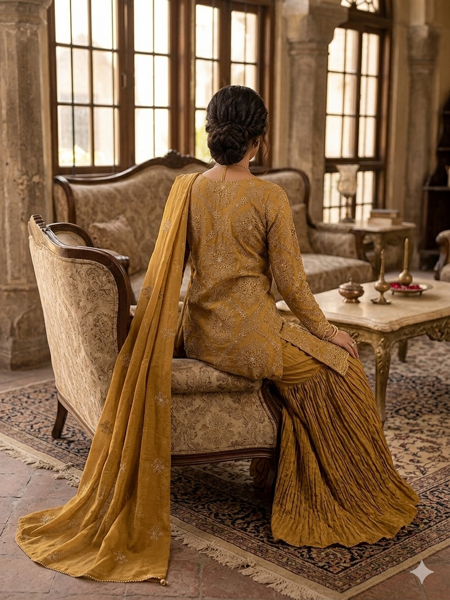 Mustard Laser-Cut Embroidered Bareeze Shirt with Chiffon Dupatta