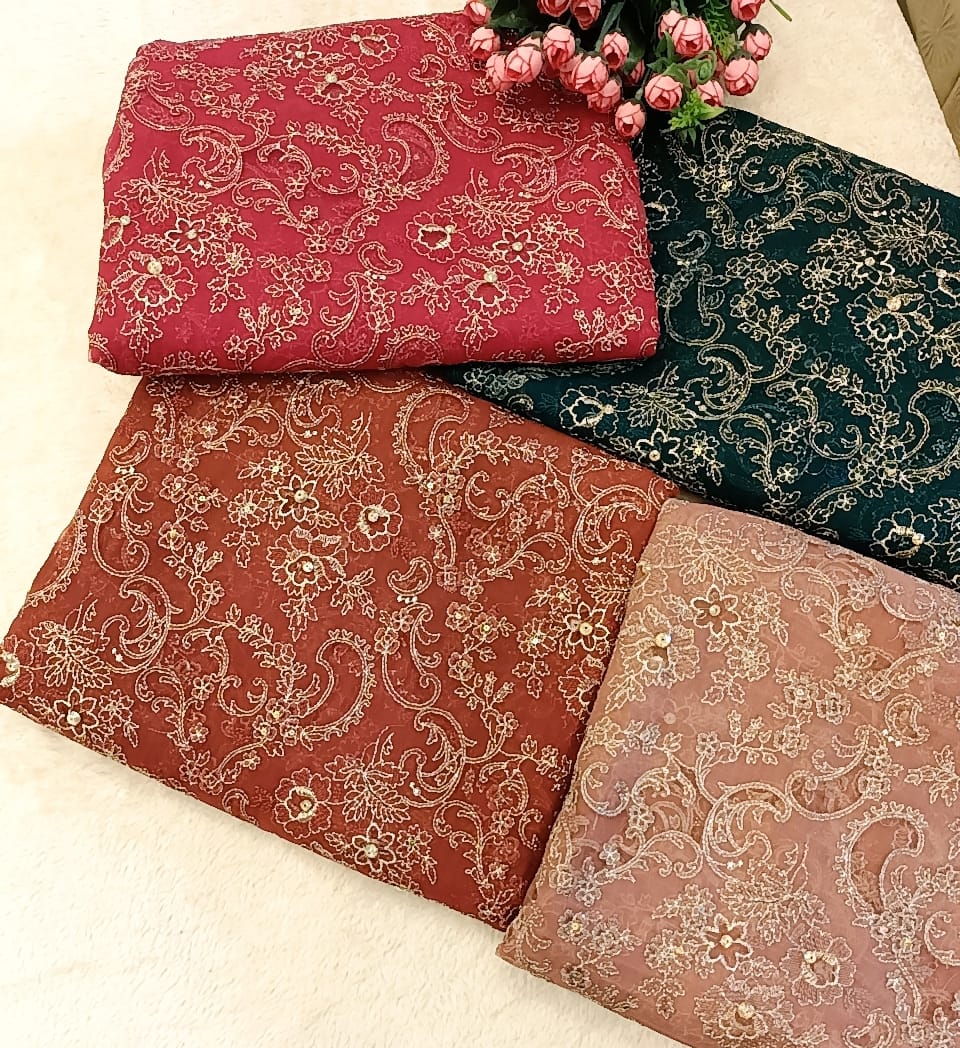 Timeless Elegance | Laser-Cut Chiffon Embroidered 3-Piece Suite - Cocoa Brown