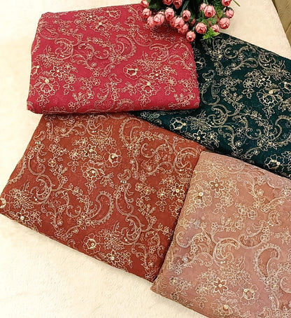Timeless Elegance | Laser-Cut Chiffon Embroidered 3-Piece Suite - Cocoa Brown