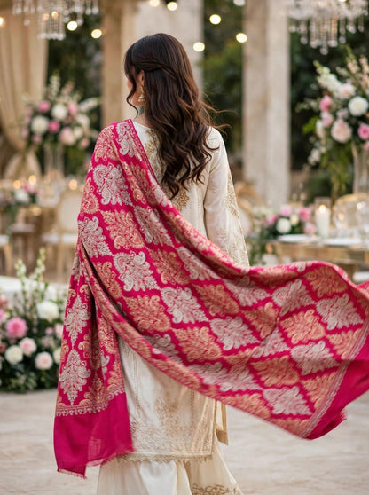 Magenta Pink with Gold & Silver Damask