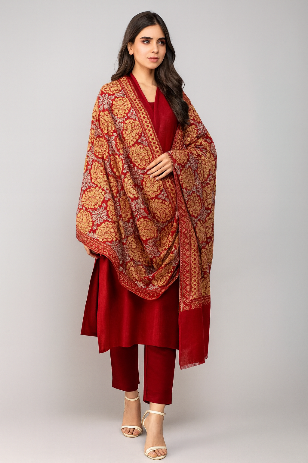 Regal Red Pashmina Shawl with Golden Aari Embroidery
