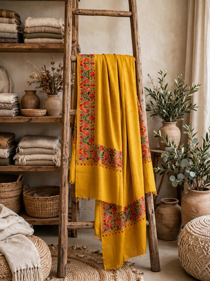Mustard Bloom -Embroidered Pure Pashmina Shawl with Kashmiri Aari Border