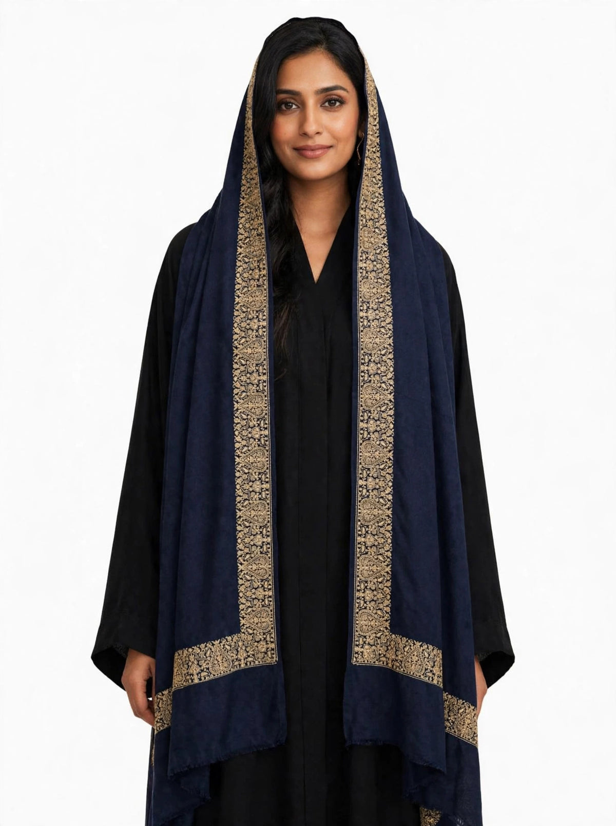 Navy Blue Pashmina Shawl with Gold Zari Paisley Border