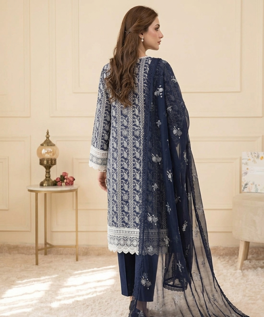 Midnight Navy Embroidered Bareeze Lawn