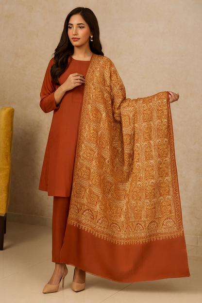 Rust Orange Pashmina Shawl with Intricate Golden Aari Work