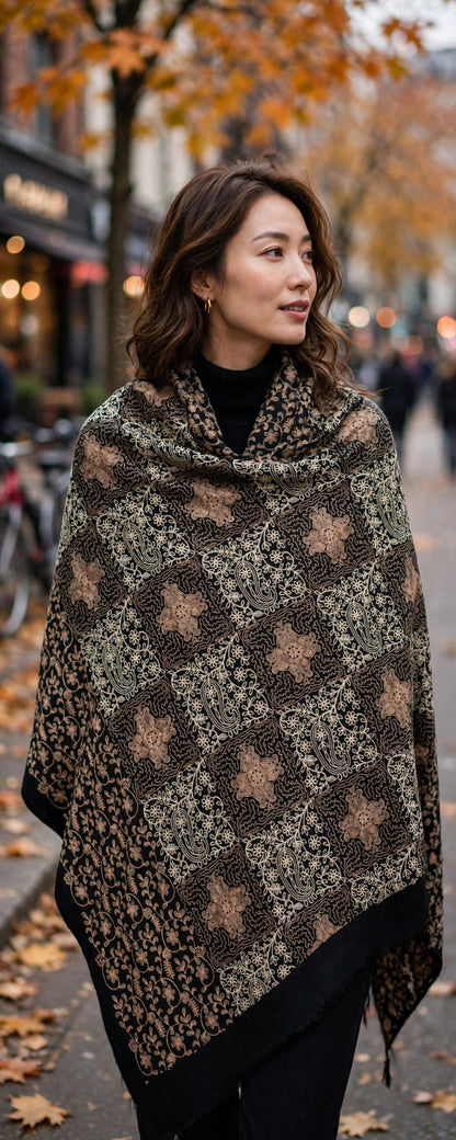Noir Heritage Black Cashmere Pashmina Shawl with Cream & Beige Aari Work