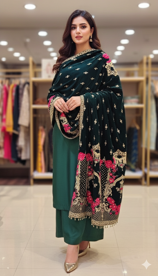 Luxury Velvet Embroidered Shawl – Deep Green Elegance