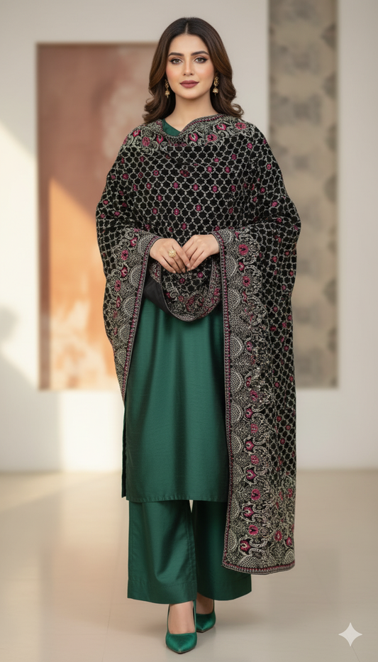 Velvet Embroidered Luxury Shawl – Black with Pink & Silver Detailing