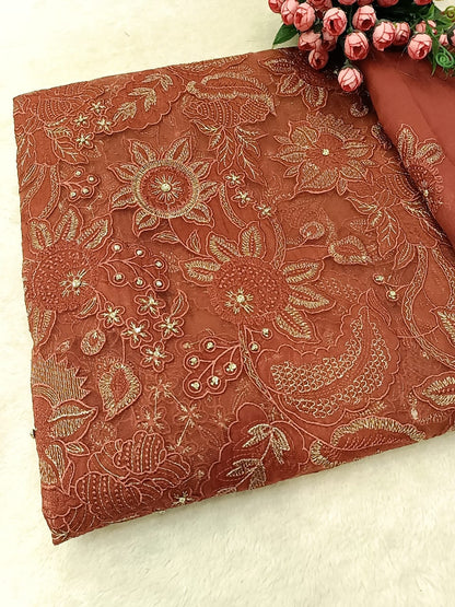 Rust Terracotta Laser-Cut Embroidered Net Shirt with Pure Chiffon Dupatta