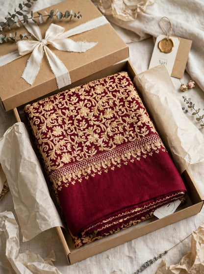 Maroon Pashmina Shawl Gold Aari Embroidery