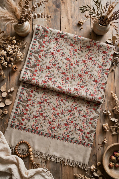 Beige Pashmina Papier Mâché Embroidered Shawl