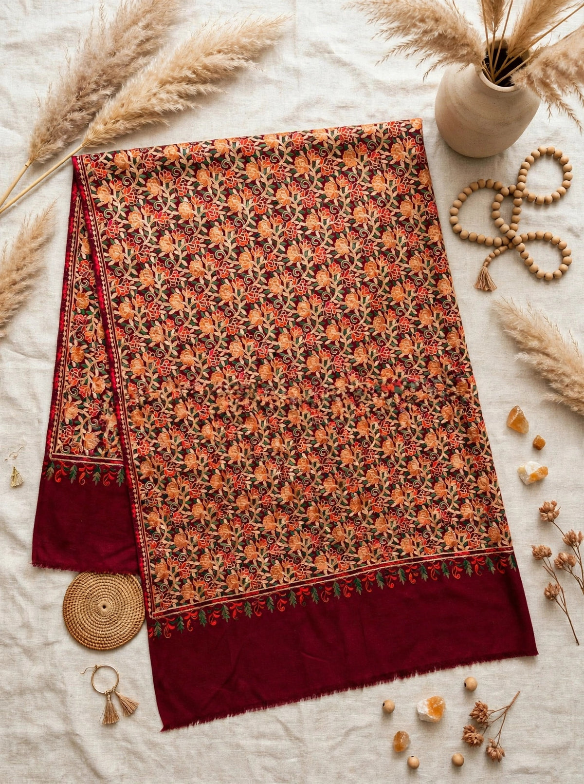 Embroidered Burgundy Pashmina Shawl - Heirloom Kashmiri Aari Work