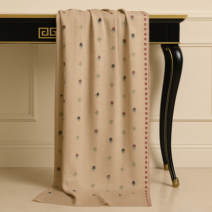 Beige Pashmina Embroidered Shawl with Floral Motifs & Red Border