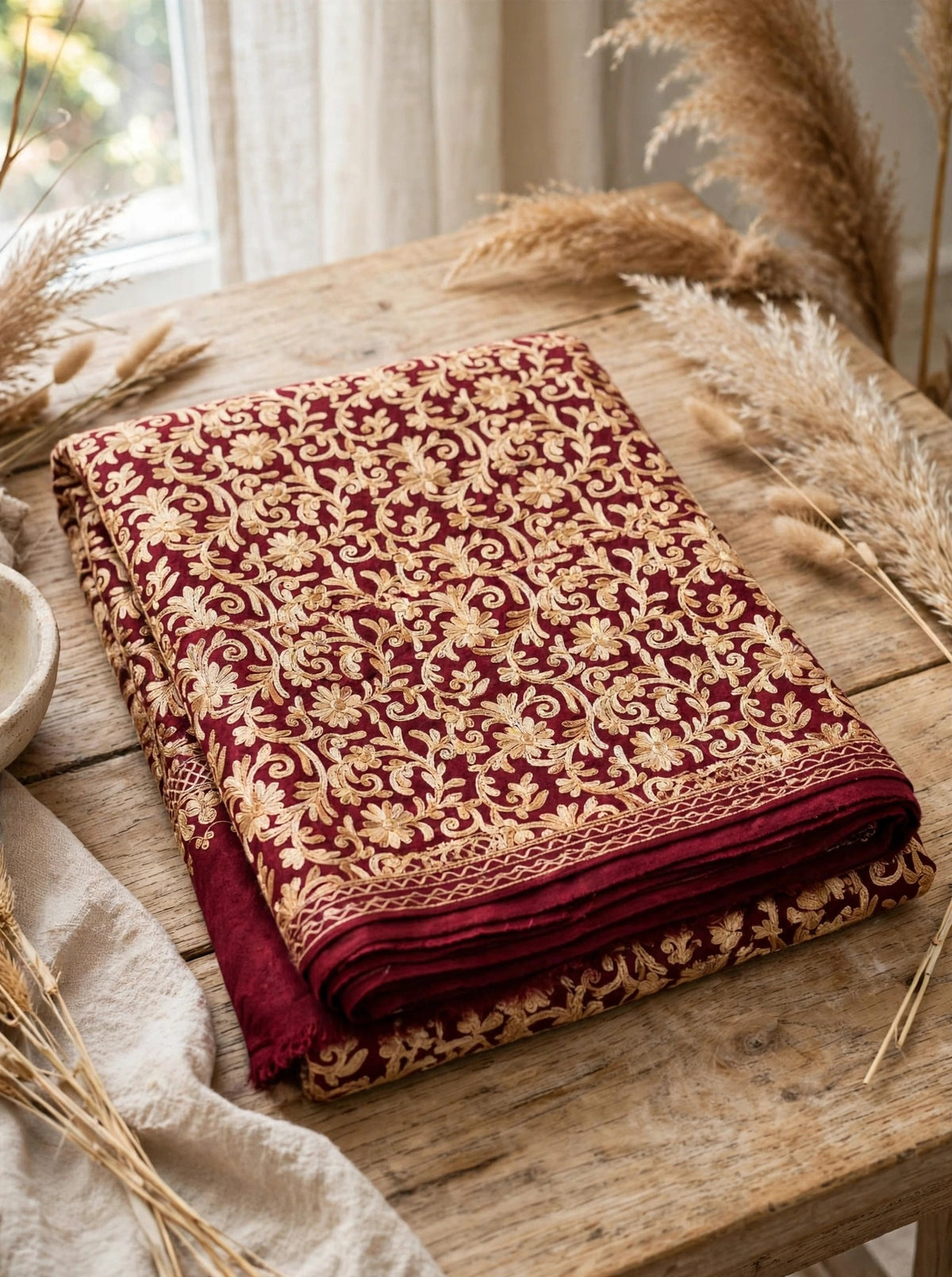 Maroon Pashmina Shawl Gold Aari Embroidery