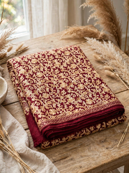 Maroon Pashmina Shawl Gold Aari Embroidery