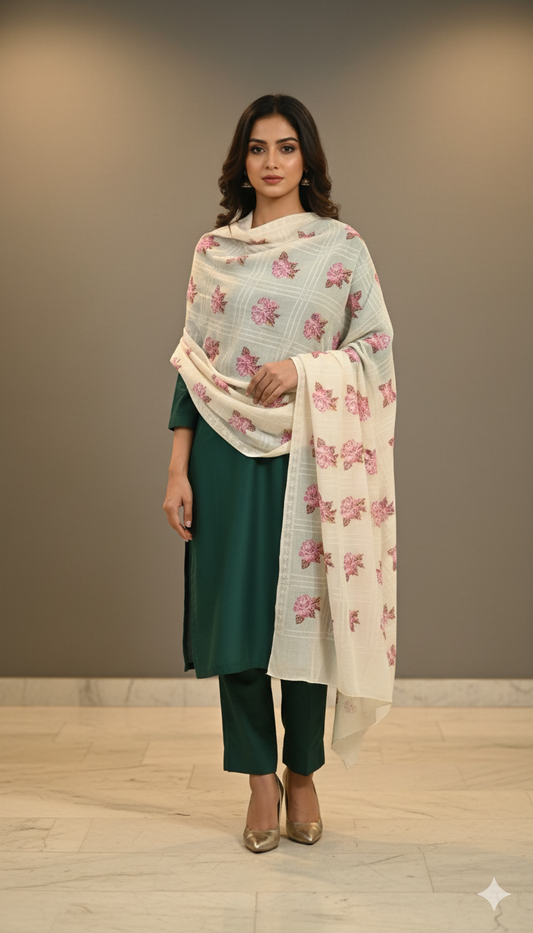 Cross Stitch Floral Pashmina Shawl – Ivory with Pink Motifs