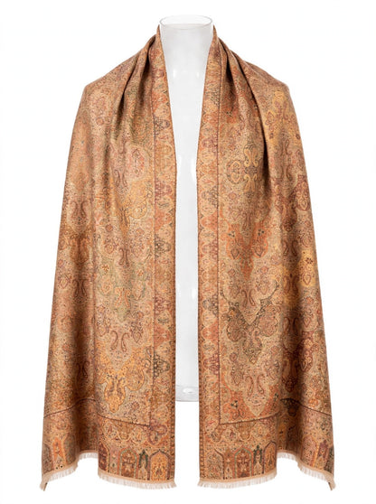 Reversible Kani Silk Zari Shawl - Beige Gold Paisley Pashmina Wrap