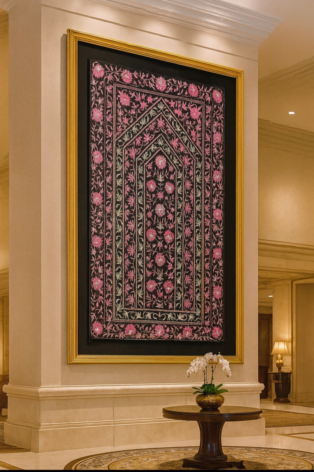 Grandeur Pashmina Wall Art  Black Base with Pink Floral Aari Embroidery