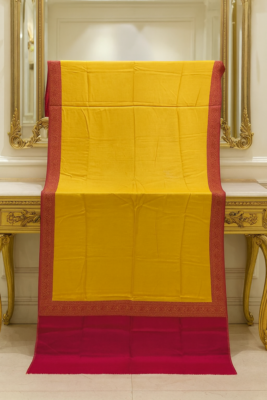 Mustard Yellow Pashmina Shawl with Maroon Jacquard Border