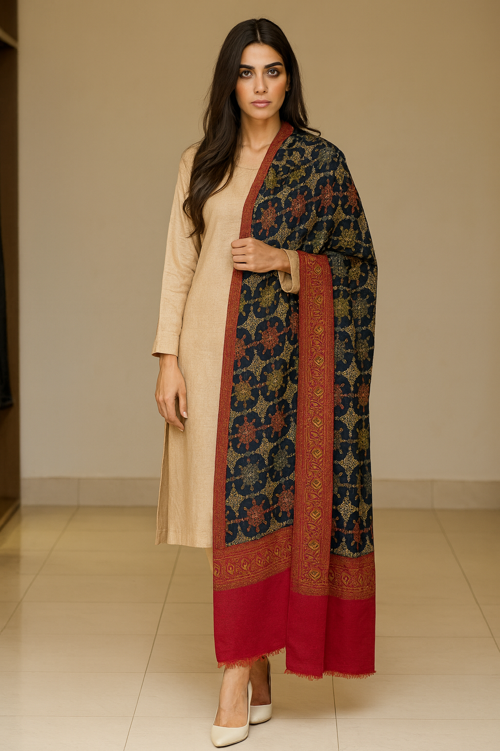 Luxury Pashmina Embroidered Shawl  Black & Deep Red with Golden Motifs