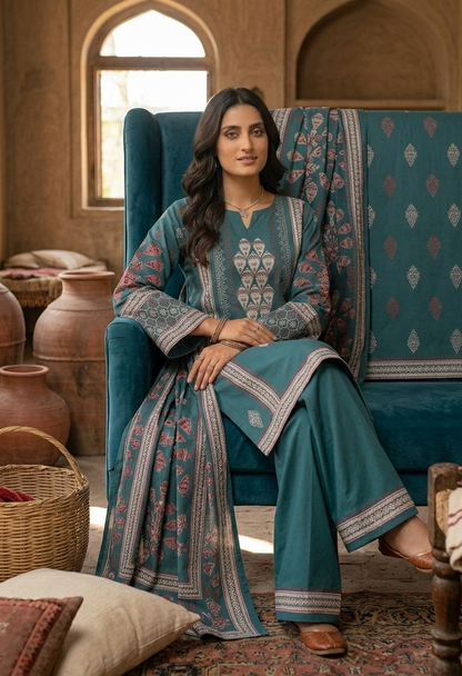 Pure Lawn Hand-Block Printed Ensemble with Embroidered Organza Dupatta