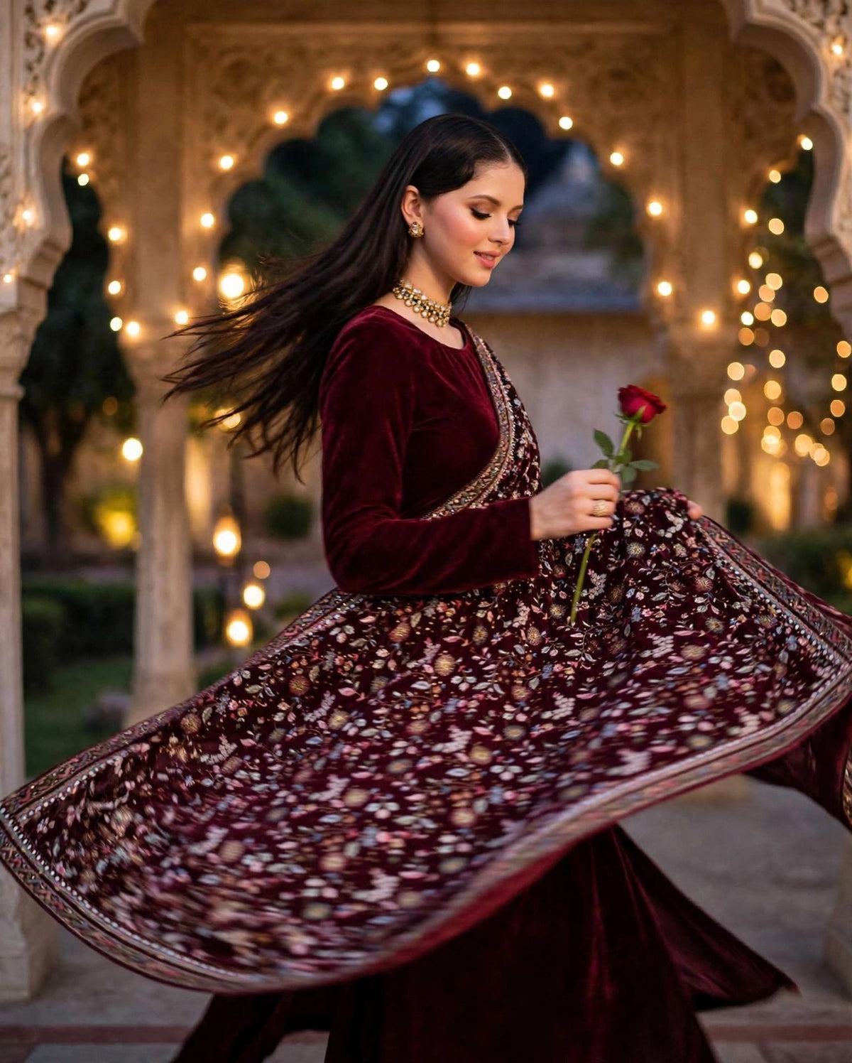 Raat Ki Rani - Burgundy Velvet Kalamkar Shawl Set