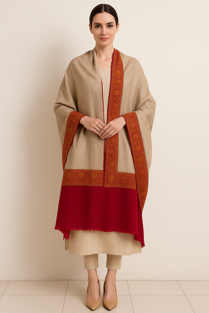 Elegant Beige & Maroon Pashmina Shawl with Aari Embroidered Border