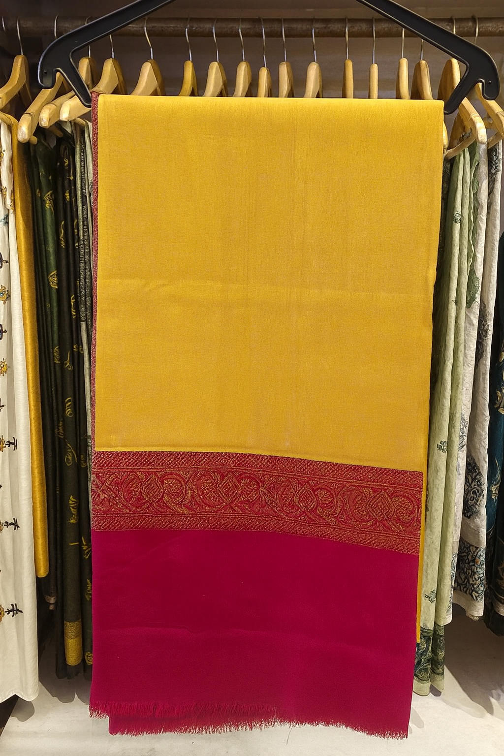 Mustard Yellow Pashmina Shawl with Maroon Jacquard Border