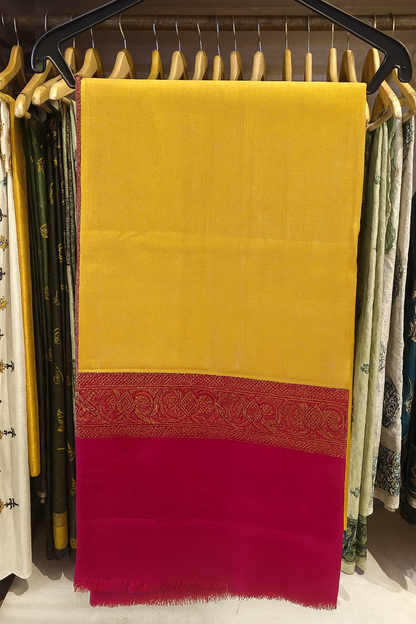Mustard Yellow Pashmina Shawl with Maroon Jacquard Border