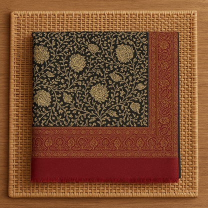 Luxury Kashmiri Pashmina Shawl – Black with Golden Embroidery & Maroon Border