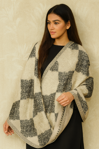 Luxury Pashmina Aari Embroidered Shawl Beige & Black