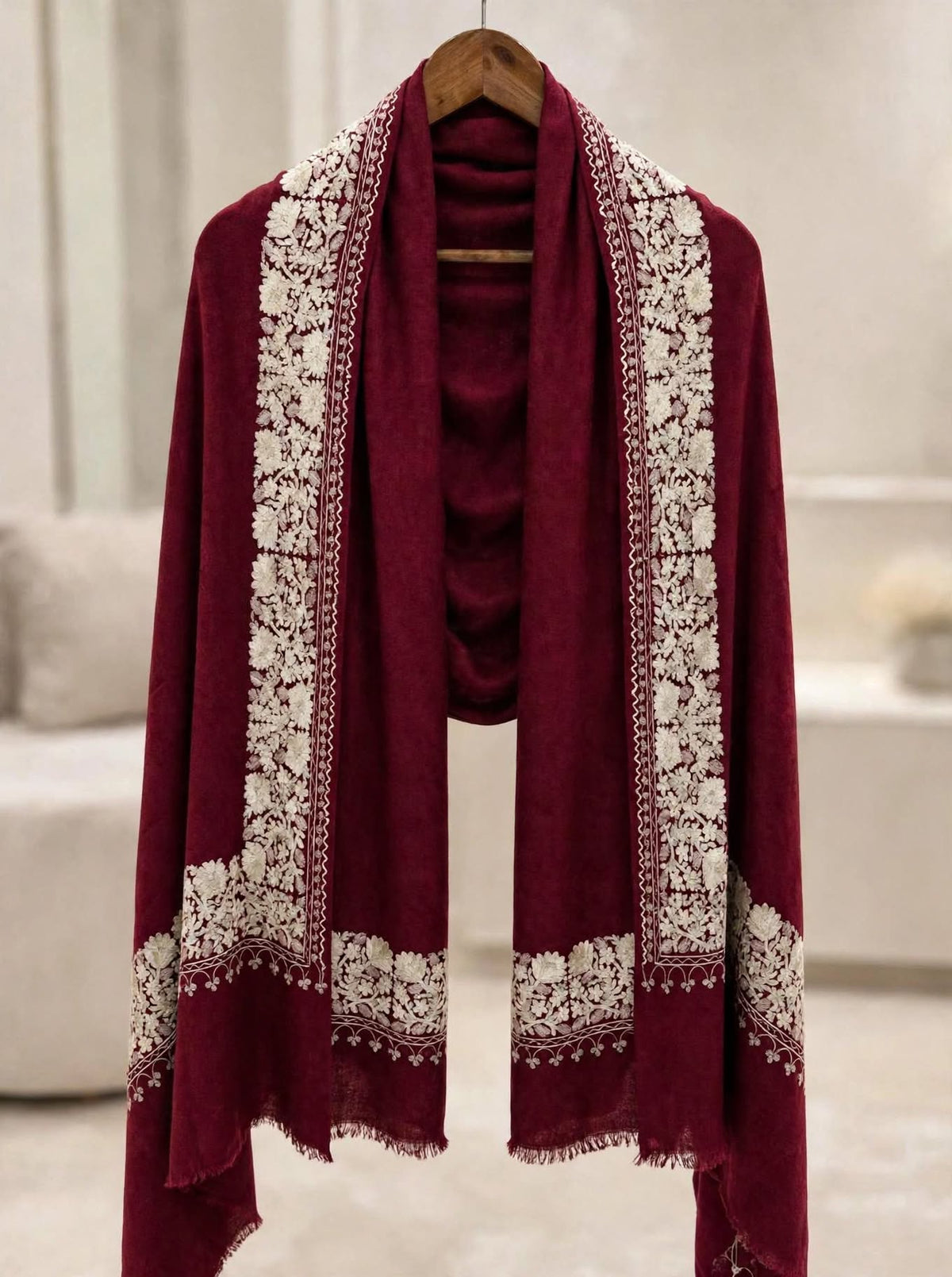 Burgundy Royal Embroidered Pure Pashmina Shawl with Ivory Floral Aari Work