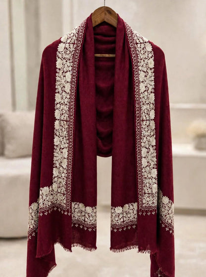 Burgundy Royal Embroidered Pure Pashmina Shawl with Ivory Floral Aari Work