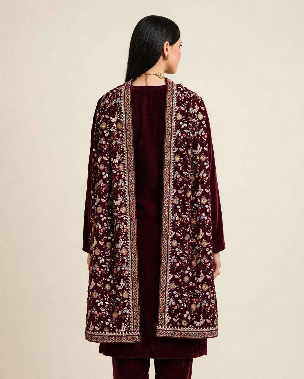 Raat Ki Rani - Burgundy Velvet Kalamkar Shawl Set