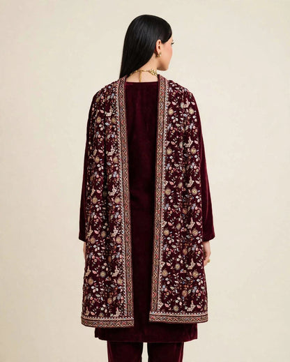 Raat Ki Rani - Burgundy Velvet Kalamkar Shawl Set