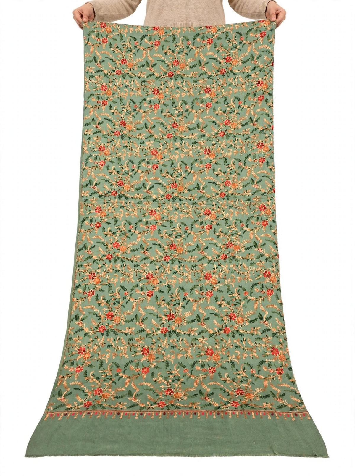 Sage Green All-Over Embroidered Pashmina Shawl - Kashmiri Aari Jaal Work