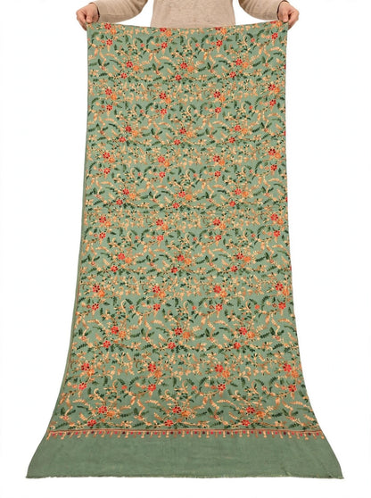 Sage Green All-Over Embroidered Pashmina Shawl - Kashmiri Aari Jaal Work