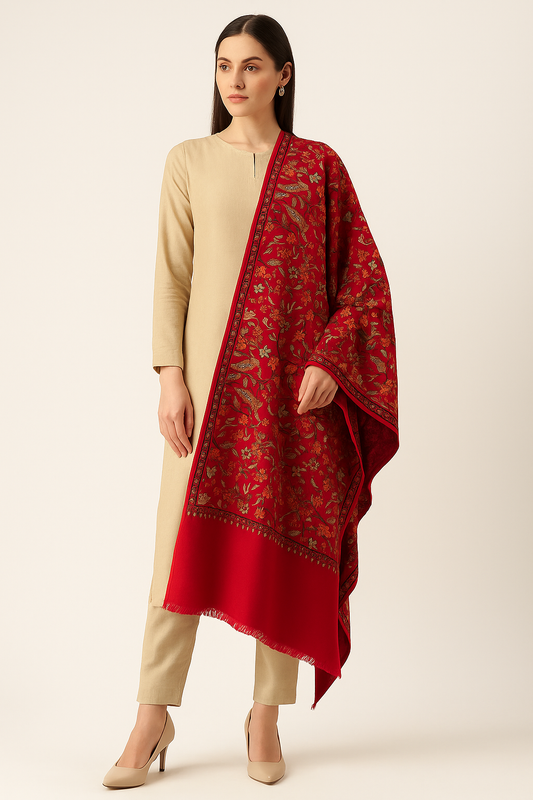 Luxury Red Pashmina Aari Embroidered Shawl Floral & Bird Motif