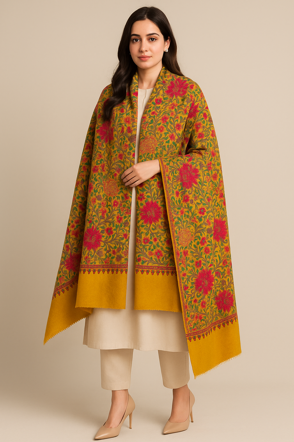 Mustard Pashmina Shawl with Aari Embroidery
