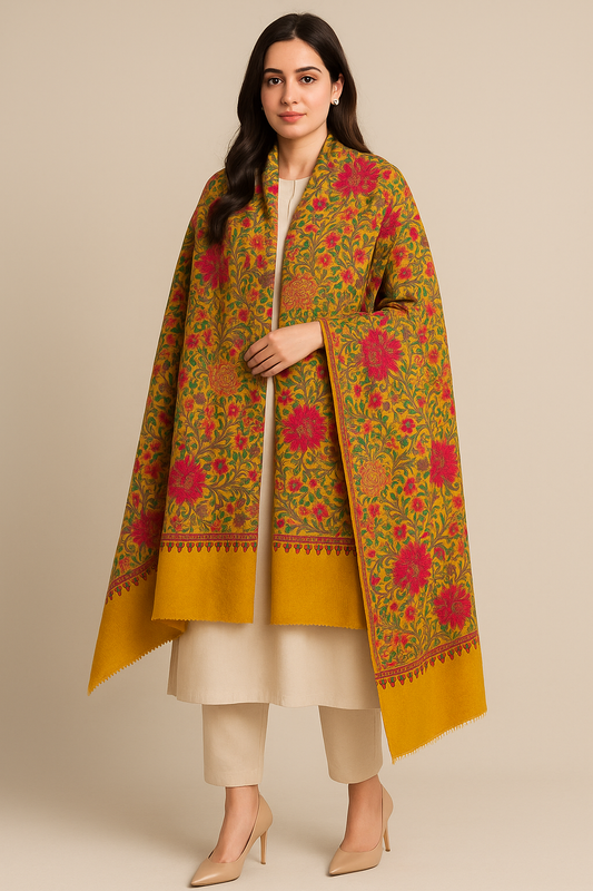 Mustard Pashmina Shawl with Aari Embroidery