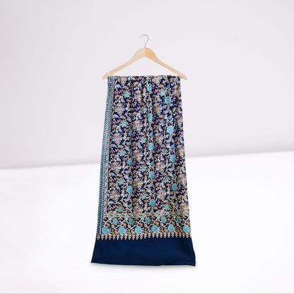 Elegant Navy Blue Pashmina Shawl with Floral Embroidery