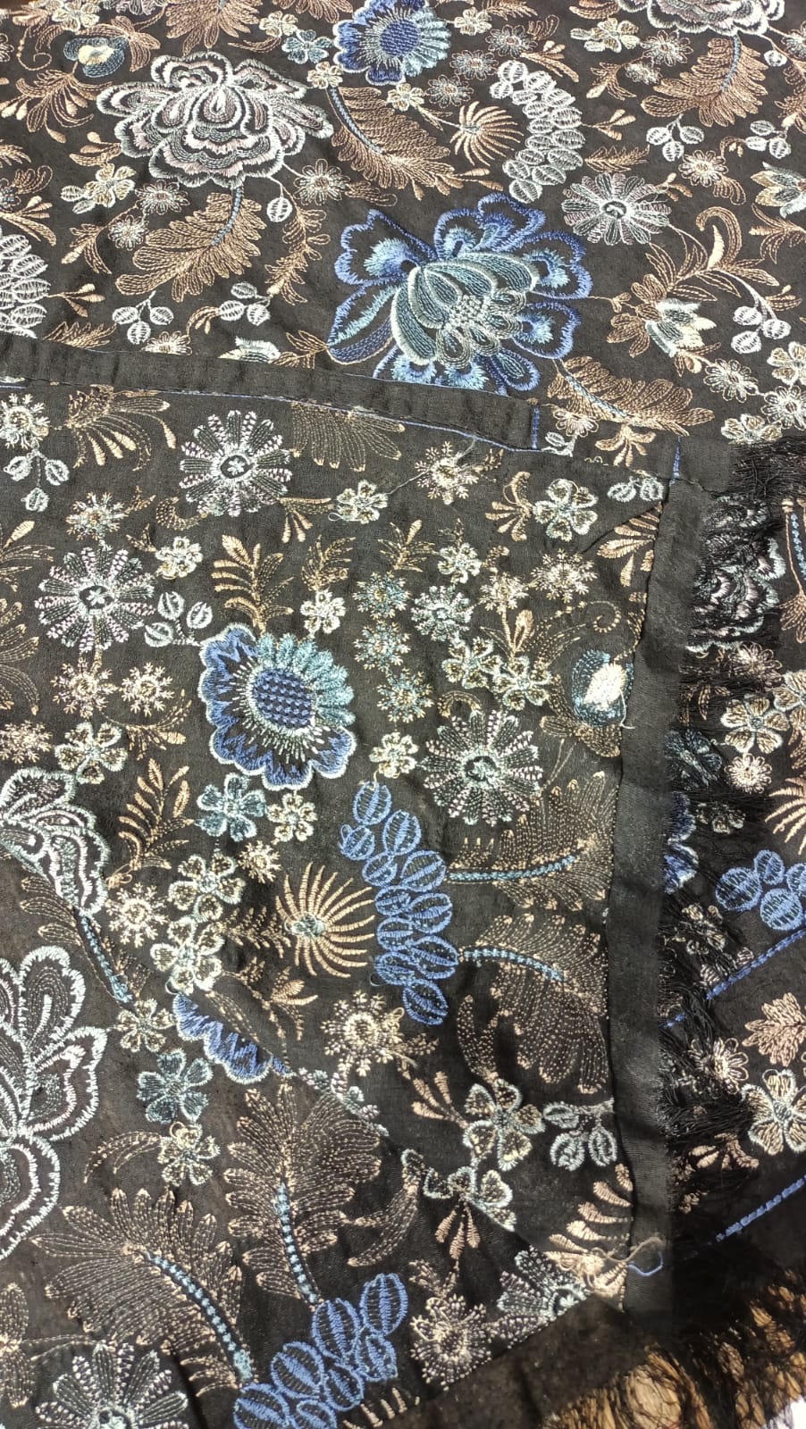 Luxury Karandi Embroidered Shawl – Black with Blue & Beige Aari Work