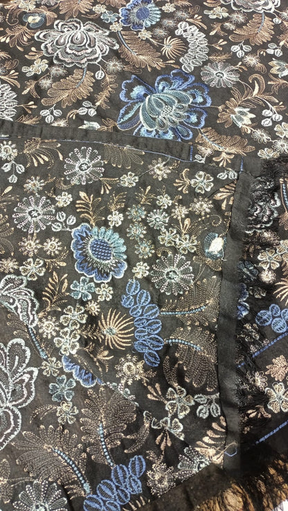 Luxury Karandi Embroidered Shawl – Black with Blue & Beige Aari Work