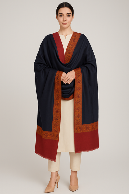 Navy & Maroon Pashmina Shawl with Aari Embroidered Border